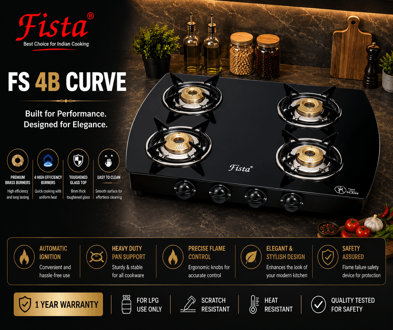 Fista Pro 4 Burner Glass Hob